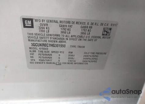 2017 Chevrolet Silverado 1500 2Lt z USA, uszkodzony, nr VIN 3GCUKREC7HG301990